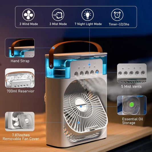 3-in-1 Portable Air Cooler. Cools, Humidifies, and Purifies the Air for a Fresh Feel.